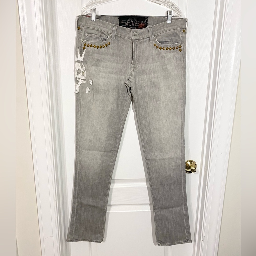 Y2K 7FAM Great Wall Skull Stud Jeans Gray Size 32 USA MADE 7 For All Mankind